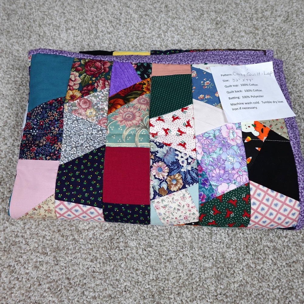 Handmade Crazy Quilt Lap Blanket 32x44 Patchwork Cotton Floral Multi-Color